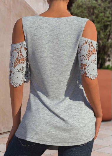 Light Grey Marl tops,Contrast Color tops,ROTITA Patchwork Light Grey Marl V Neck T Shirt