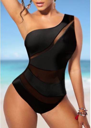Black swimwear,Plain Color swimwear,ROTITA Mesh Asymmetry Black One Piece Swimwear