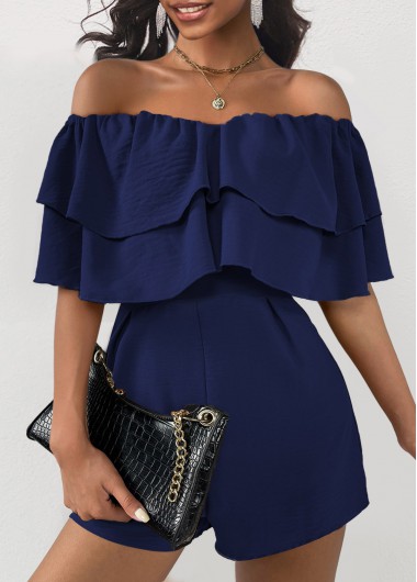 Navy jumpsuits & rompers,Plain Color jumpsuits & rompers,ROTITA Ruffle Navy Off Shoulder Half Sleeve Romper