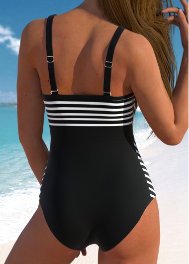 Black swimwear,Striped swimwear,ROTITA Mesh Black Striped One Piece Swimwear