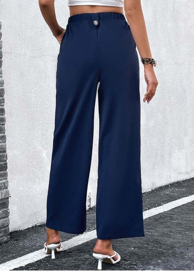 Navy bottoms,Plain Color bottoms,Button Navy Elastic Waist High Waisted Pants