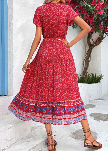 Red dresses,Ditsy Floral dresses,Button Ditsy Floral Print Red V Neck Dress