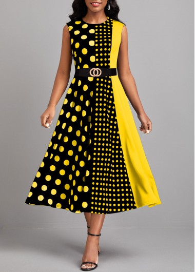 Yellow dresses,Black dresses,Geometric dresses,Dot dresses,ROTITA Umbrella Hem Geometric Print Yellow Round Neck Dress