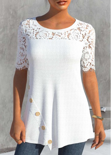 White tops,Plain Color tops,ROTITA Lace White Round Neck Short Sleeve T Shirt
