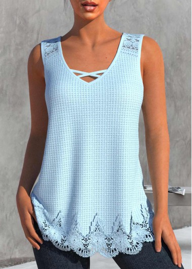 Light Blue tops,Plain Color tops,ROTITA Lace Light Blue V Neck Tank Top