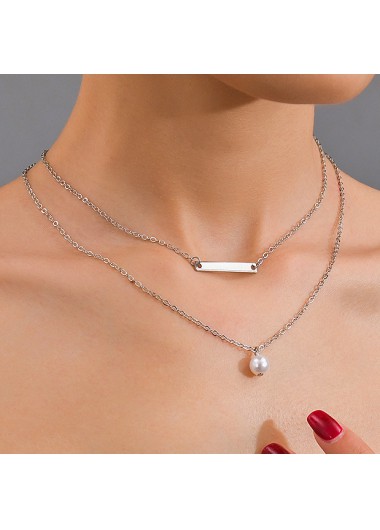 Silver jewelry,Plain Color jewelry,Asymmetrical Design Pearl Detail Silver Necklace