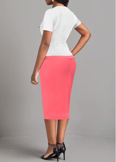 Pink dresses,White dresses,Contrast Color dresses,ROTITA Patchwork Pink Round Neck Short Sleeve Dress