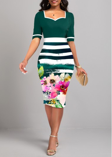 Blackish Green dresses,Floral dresses,Striped dresses,ROTITA Patchwork Floral Print Blackish Green Bodycon Dress
