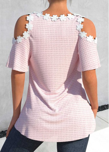 Light Pink tops,Plain Color tops,ROTITA Lace Light Pink V Neck T Shirt