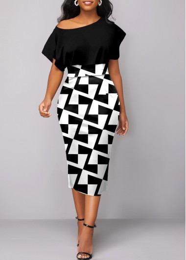 Black dresses,White dresses,Geometric dresses,ROTITA Asymmetry Geometric Print Black Boat Neck Bodycon Dress