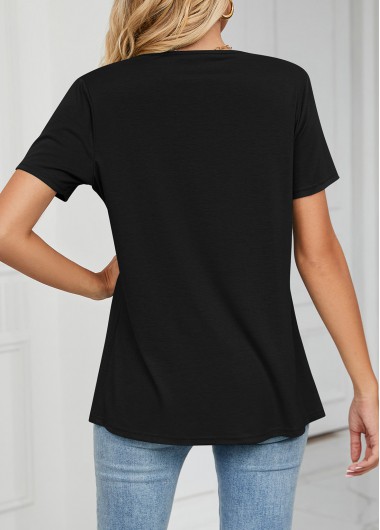 Black tops,Plain Color tops,Cross Hem Black Draped Neck T Shirt