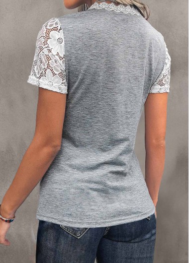 Light Grey Marl tops,Plain Color tops,ROTITA Lace Light Grey Marl V Neck T Shirt