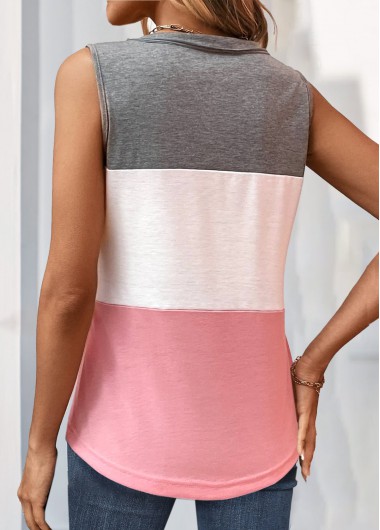 Pink tops,White tops,Plain Color tops,ROTITA Button Pink V Neck Tank Top