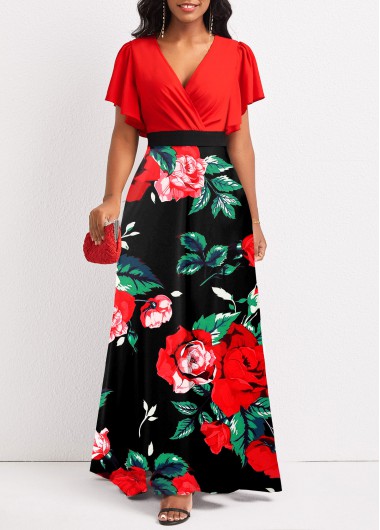 Red dresses,Black dresses,Floral dresses,ROTITA Patchwork Floral Print Red V Neck Maxi Dress
