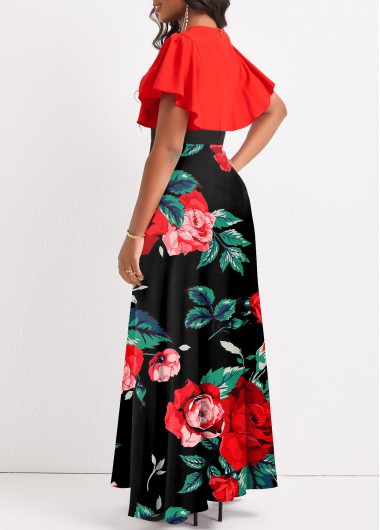 Red dresses,Black dresses,Floral dresses,ROTITA Patchwork Floral Print Red V Neck Maxi Dress