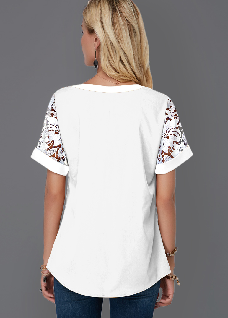 White tops,Plain Color tops,ROTITA Split Neck Lace Panel Short Sleeve Blouse