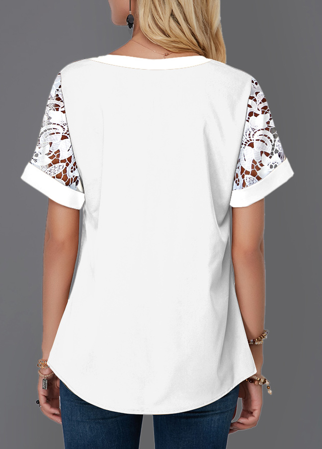 White tops,Plain Color tops,ROTITA Split Neck Lace Panel Short Sleeve Blouse