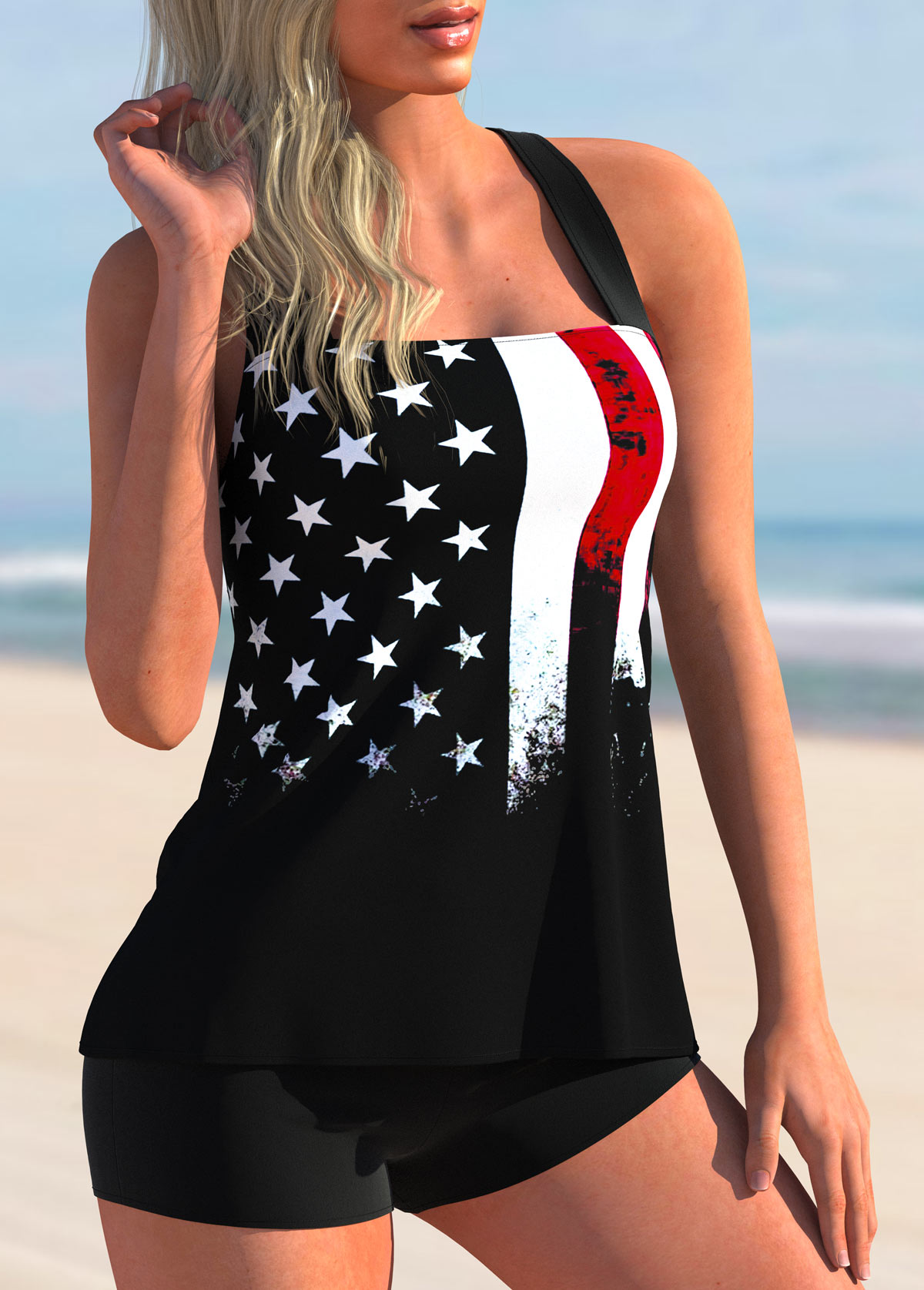 Black swimwear,Flag swimwear,ROTITA American Flag Print Black Cross Strap Tankini Top
