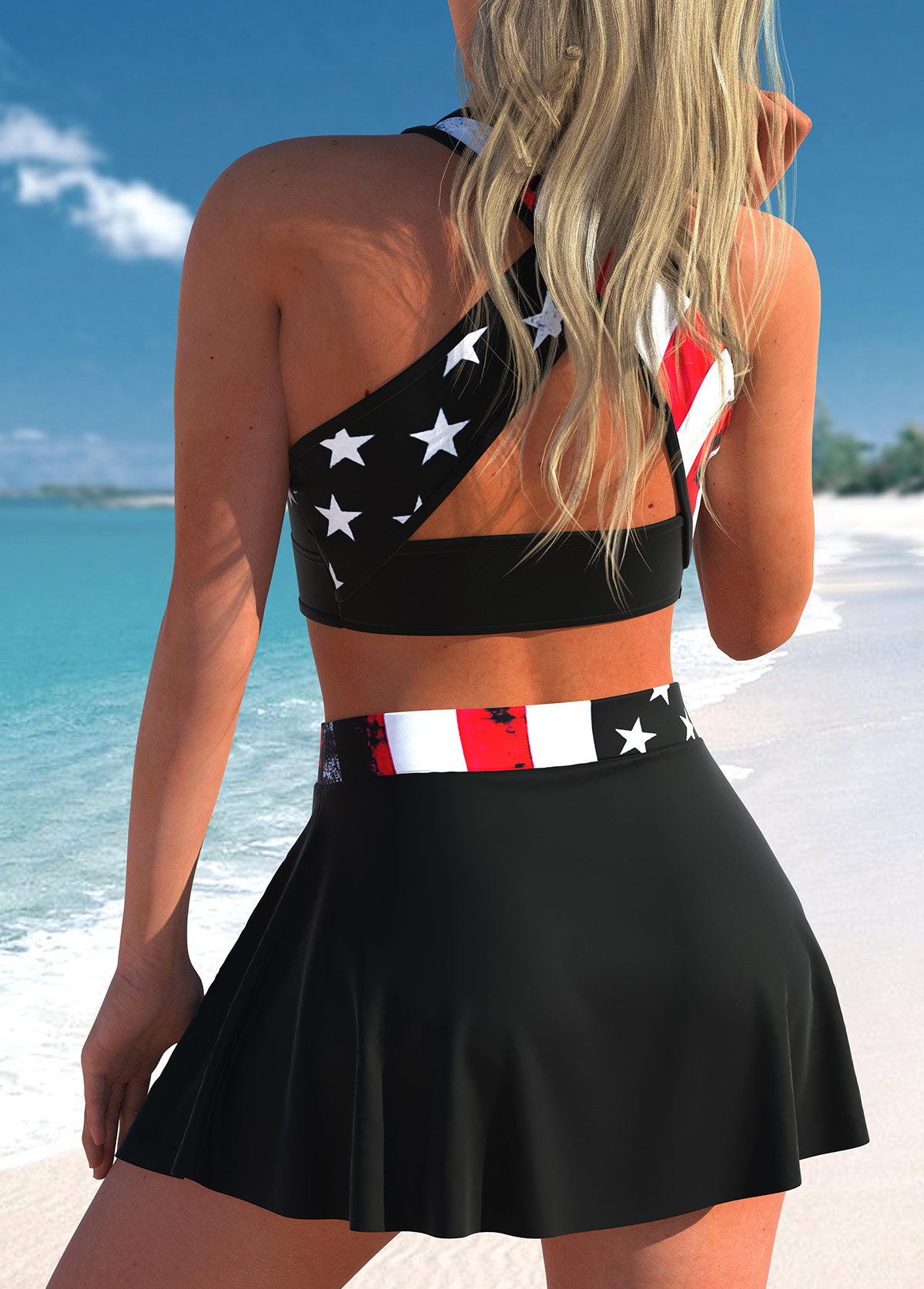 ROTITA Ensemble de bikini à bretelles croisées et imprimé drapeau américain taille haute