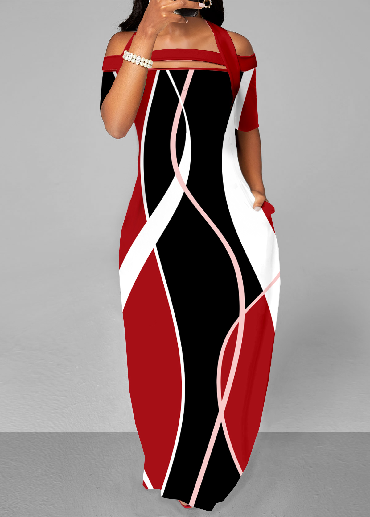 ROTITA - Robe longue imprimée rouge à bretelles et épaules dénudées