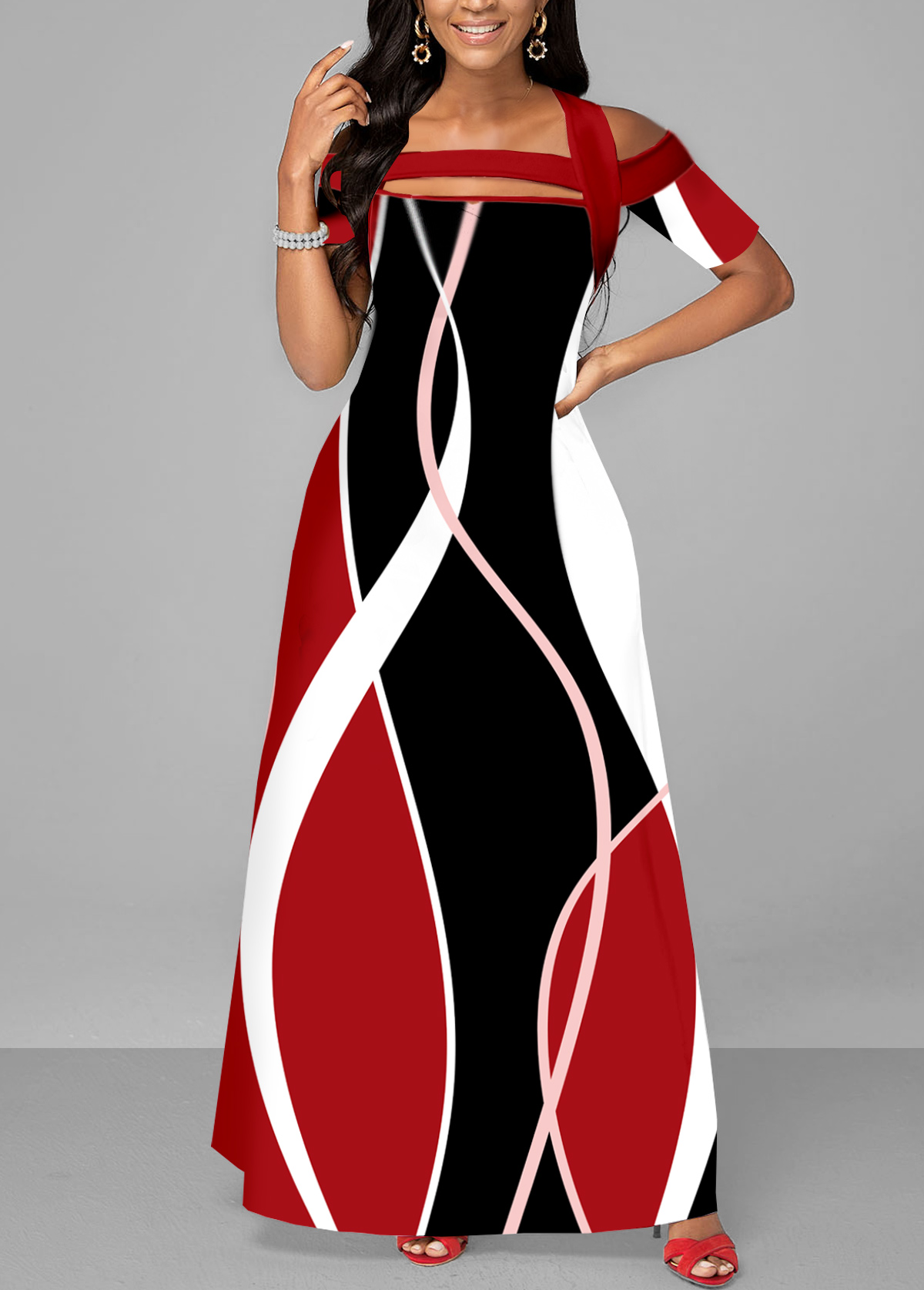 Red dresses,Geometric dresses,ROTITA Strappy Cold Shoulder Red Printed Maxi Dress