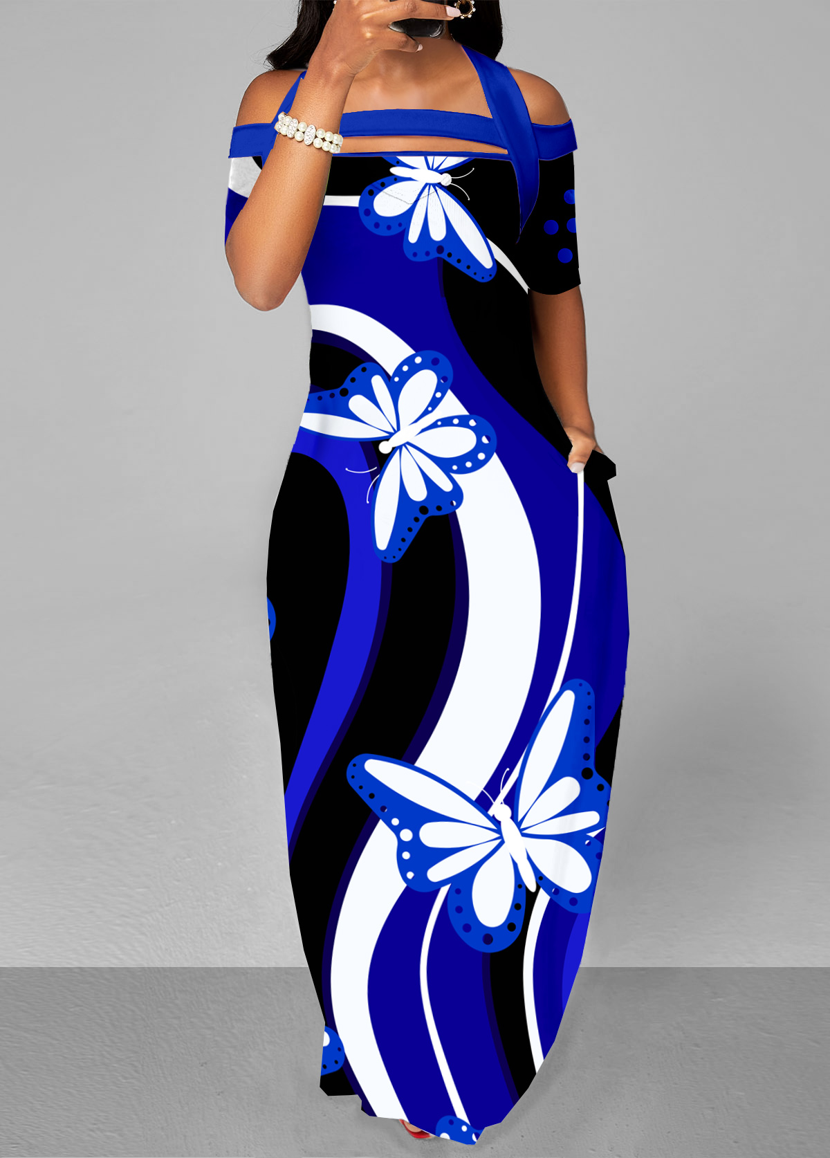 ROTITA Double Side Pockets Butterfly Print Royal Blue Dress