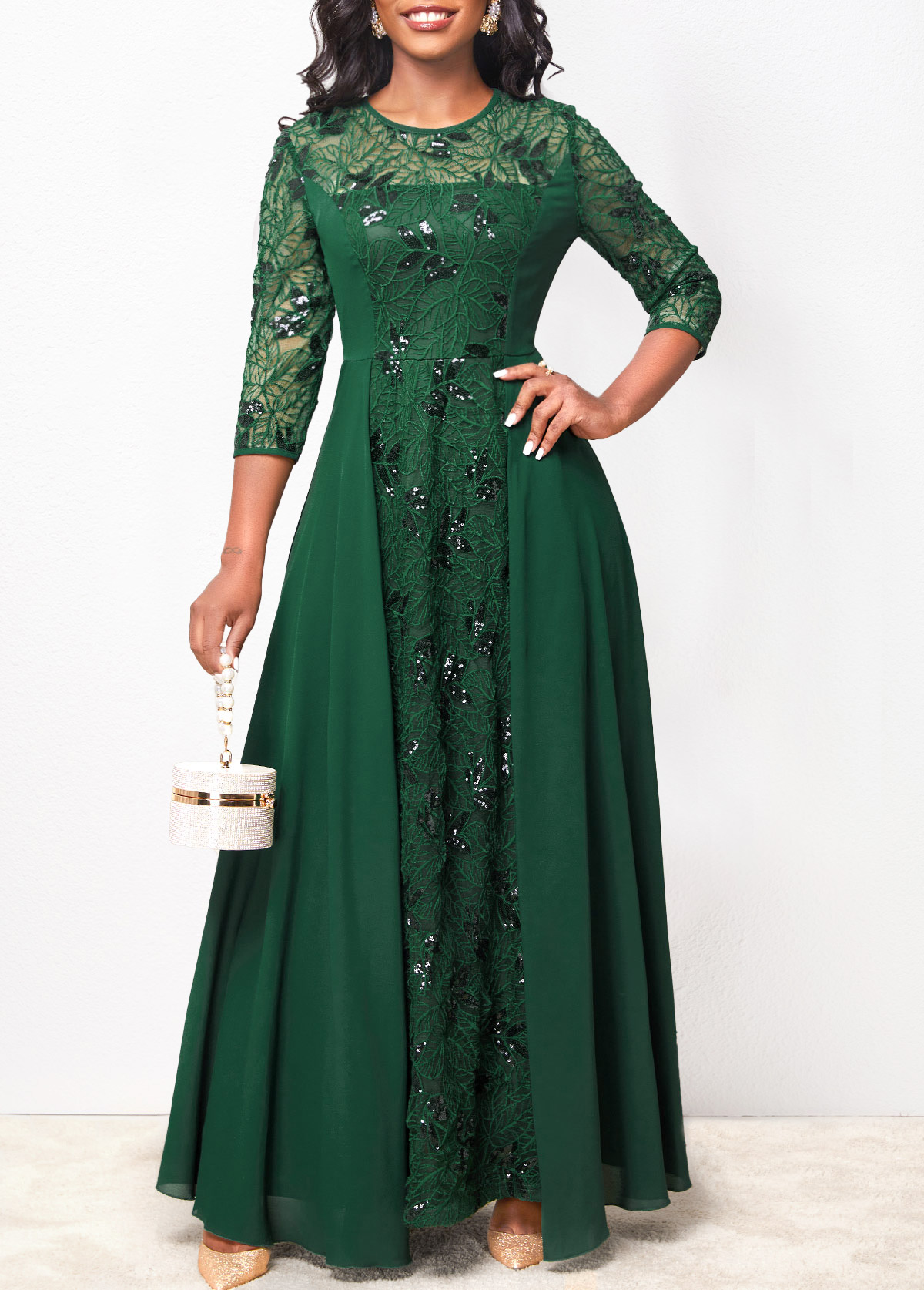ROTITA Lace Sequin Blackish Green Round Neck Maxi Dress