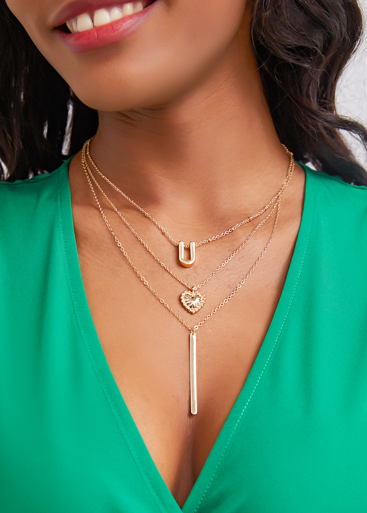 Gold jewelry,Plain Color jewelry,Letter jewelry,Christmas jewelry,Letter Detail Layered Metal Gold Necklace