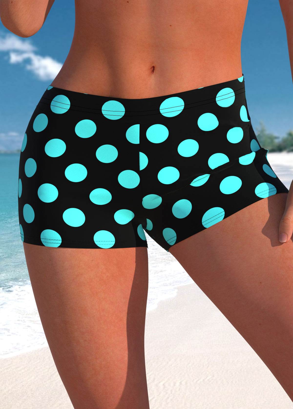 Cyan swimwear,Dot swimwear,ROTITA Fake 2in1 Cyan Polka Dot Tankini Top