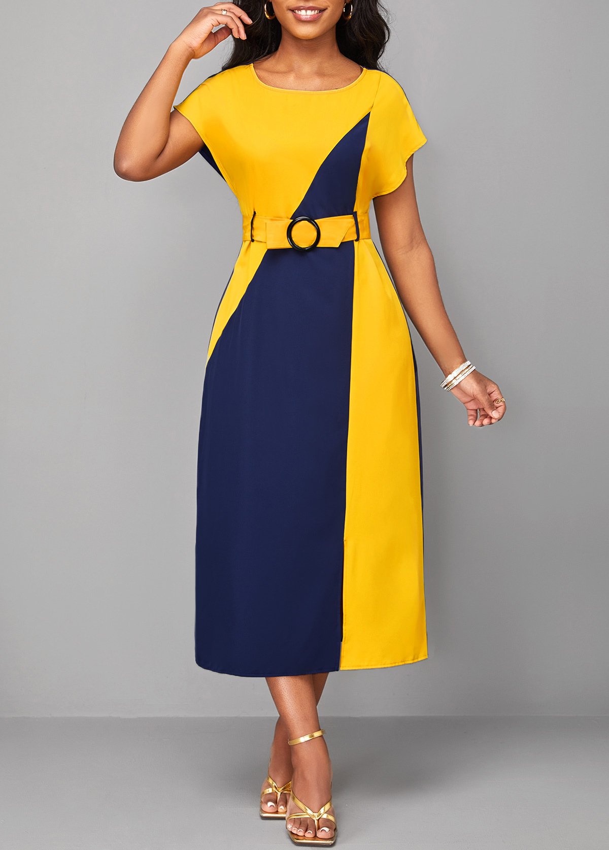 Navy dresses,Yellow dresses,Contrast Color dresses,ROTITA Patchwork Navy Belted H Shape Round Neck Dress
