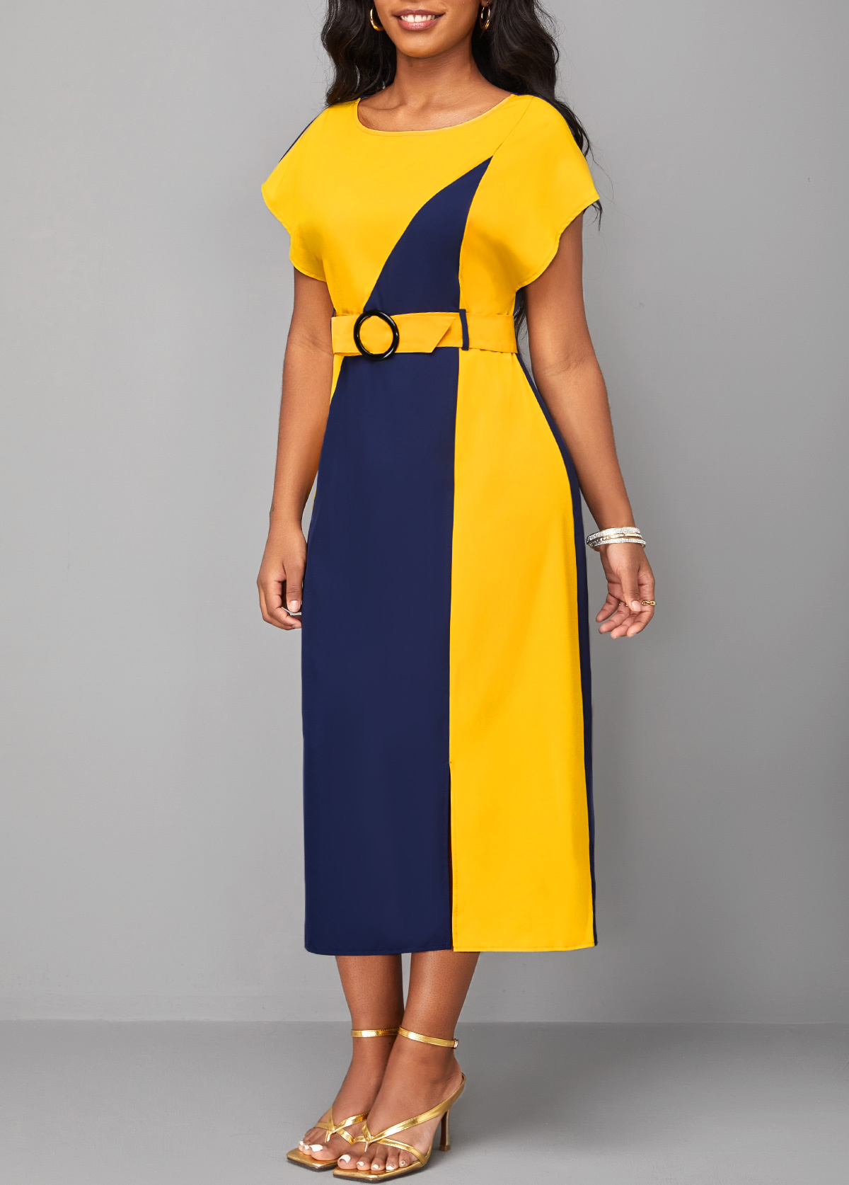 Navy dresses,Yellow dresses,Contrast Color dresses,ROTITA Patchwork Navy Belted H Shape Round Neck Dress
