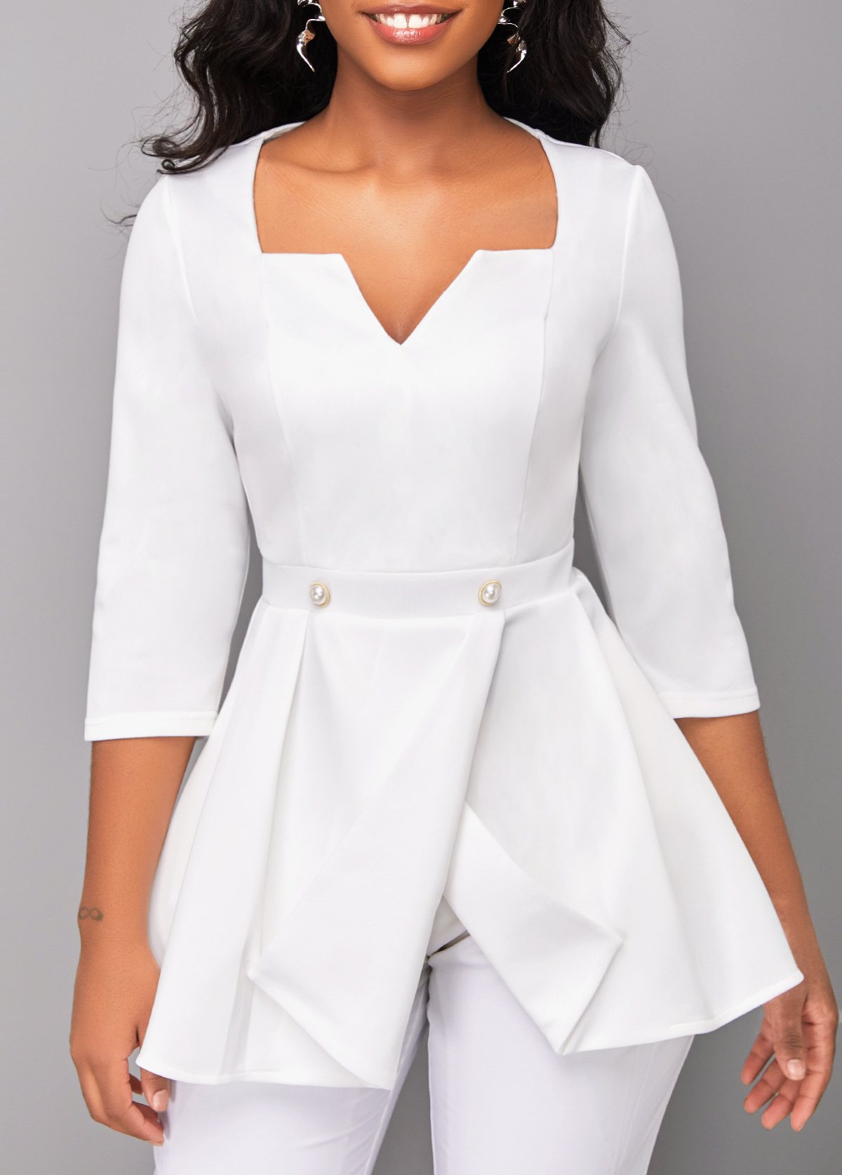 Raw white tops,Plain Color tops,ROTITA Split Raw White Square Neck Blouse