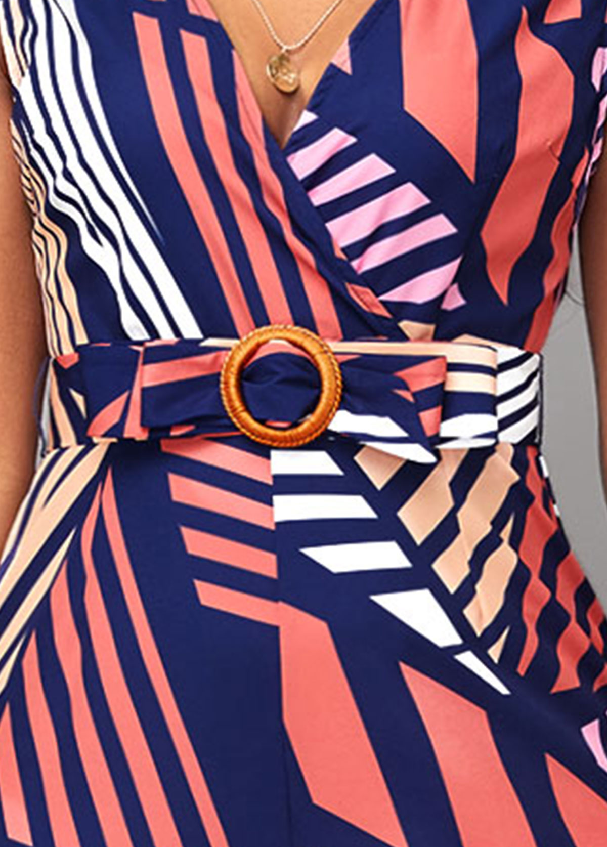 Multi Color jumpsuits & rompers,Striped jumpsuits & rompers,Geometric jumpsuits & rompers,ROTITA Striped Multi Color Belted V Neck Jumpsuit