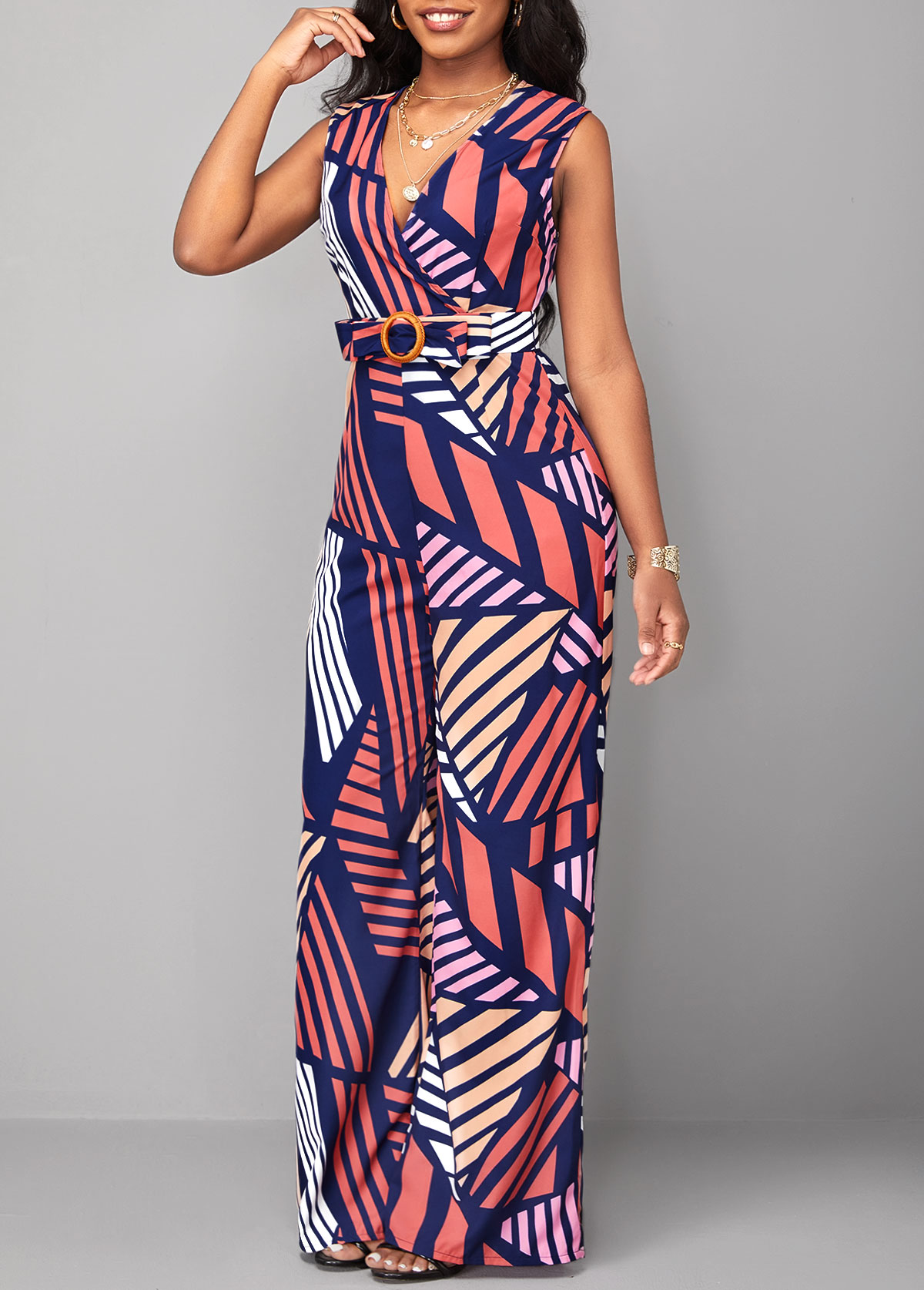 Multi Color jumpsuits & rompers,Striped jumpsuits & rompers,Geometric jumpsuits & rompers,ROTITA Striped Multi Color Belted V Neck Jumpsuit