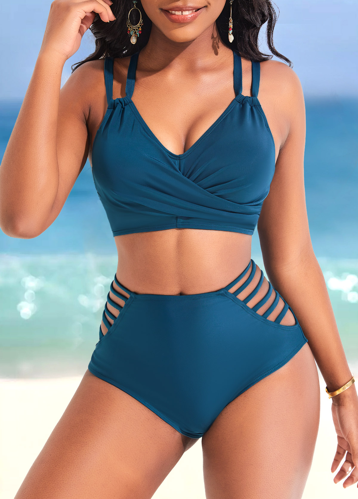 Turquoise swimwear,Plain Color swimwear,ROTITA Criss Cross Double Straps Turquoise Bikini Top