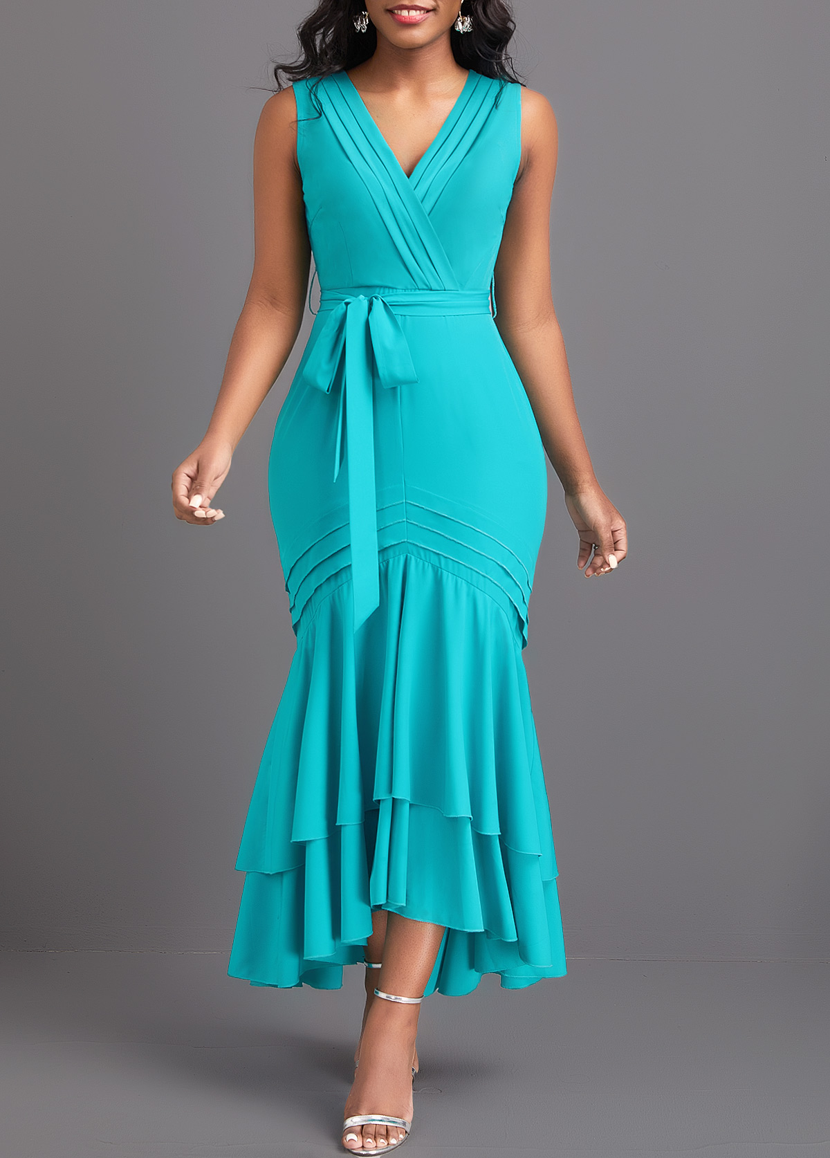 ROTITA Mermaid Cyan Belted V Neck Sleeveless Bodycon Dress