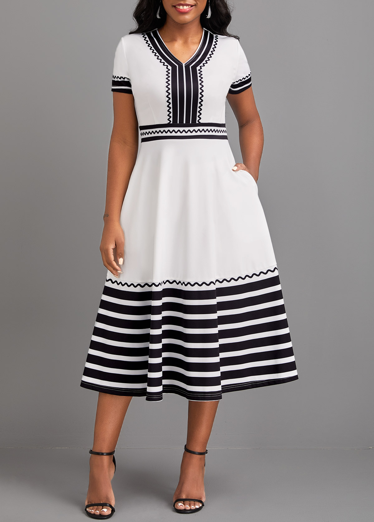 ROTITA Patchwork Striped White V Neck Short Sleeve Dress