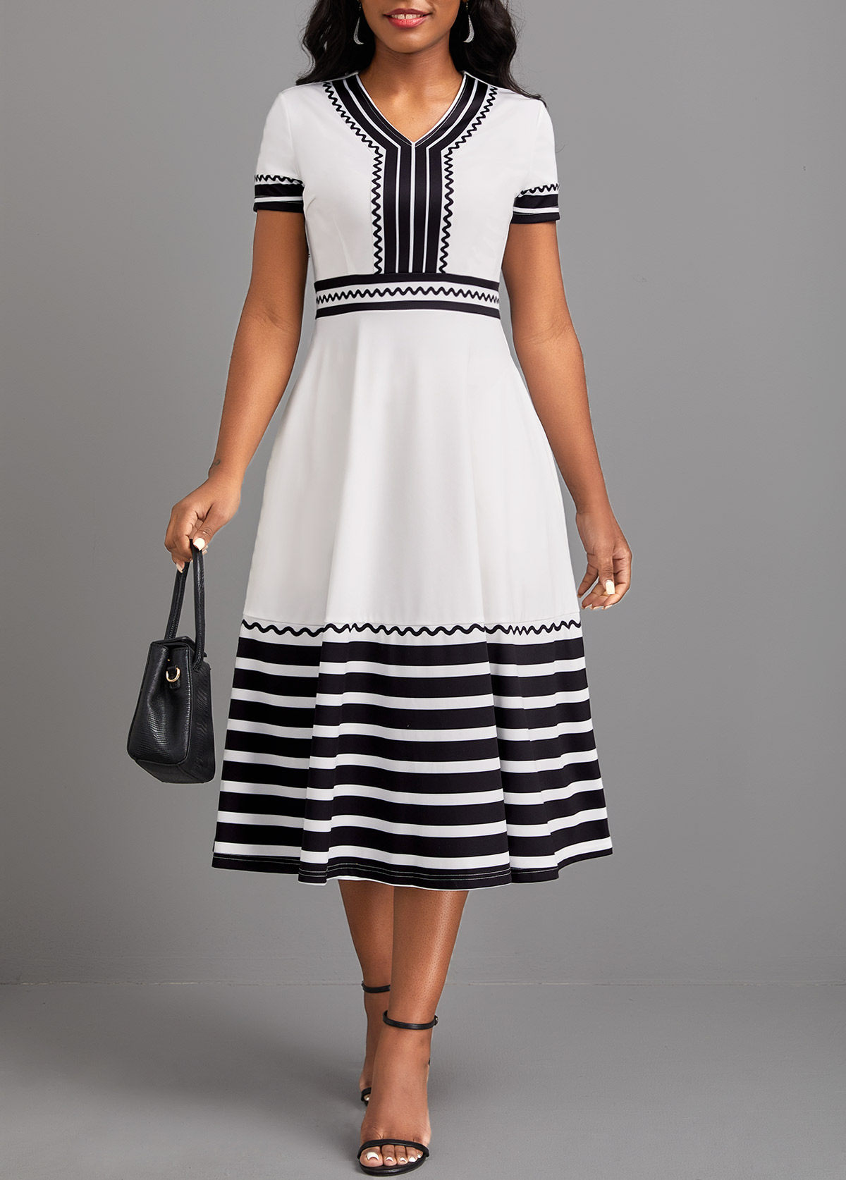 White dresses,Striped dresses,Geometric dresses,ROTITA Patchwork Striped White V Neck Short Sleeve Dress