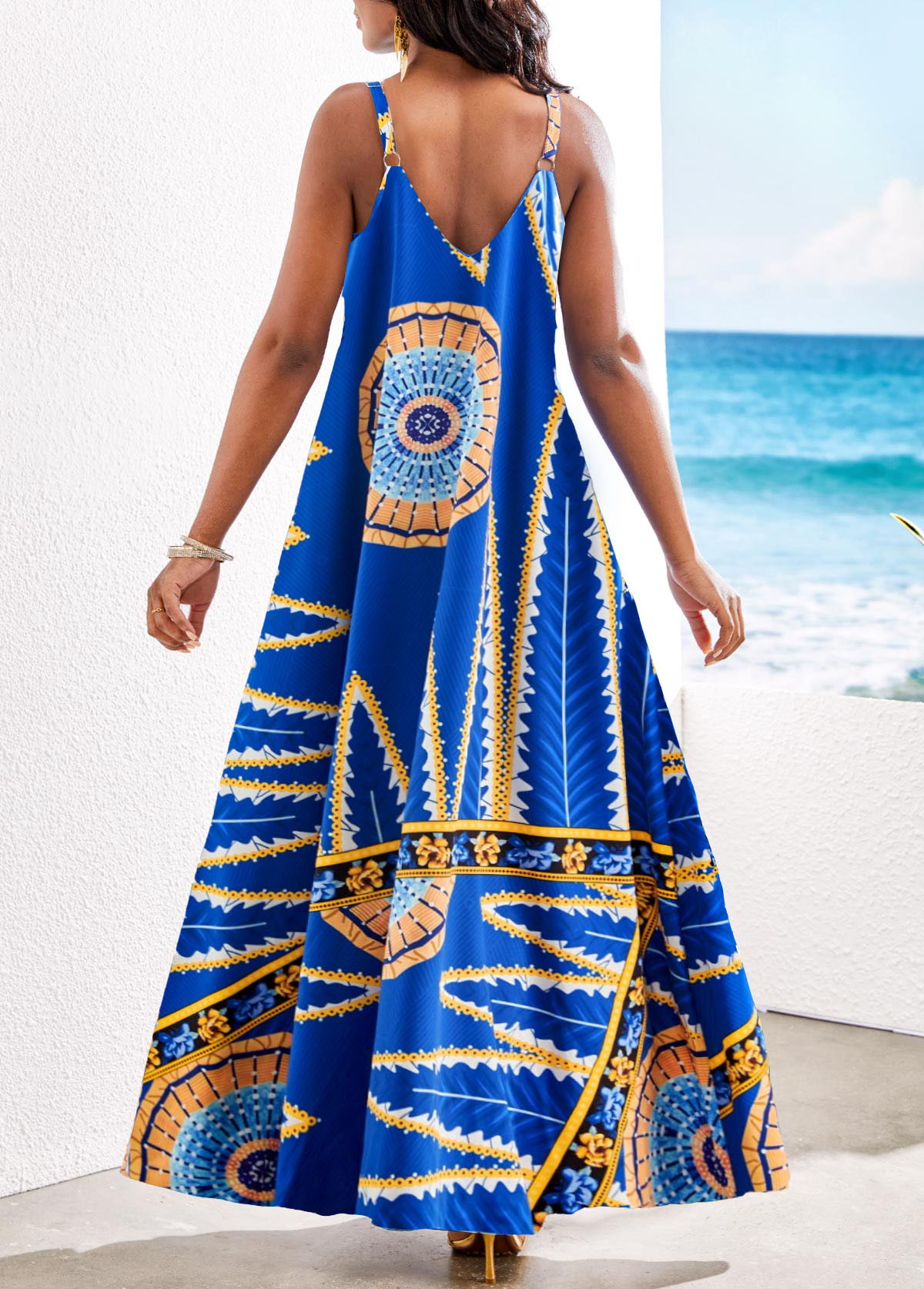 Royal Blue dresses,Plants dresses,ROTITA Pocket Leaf Print Royal Blue Maxi Dress