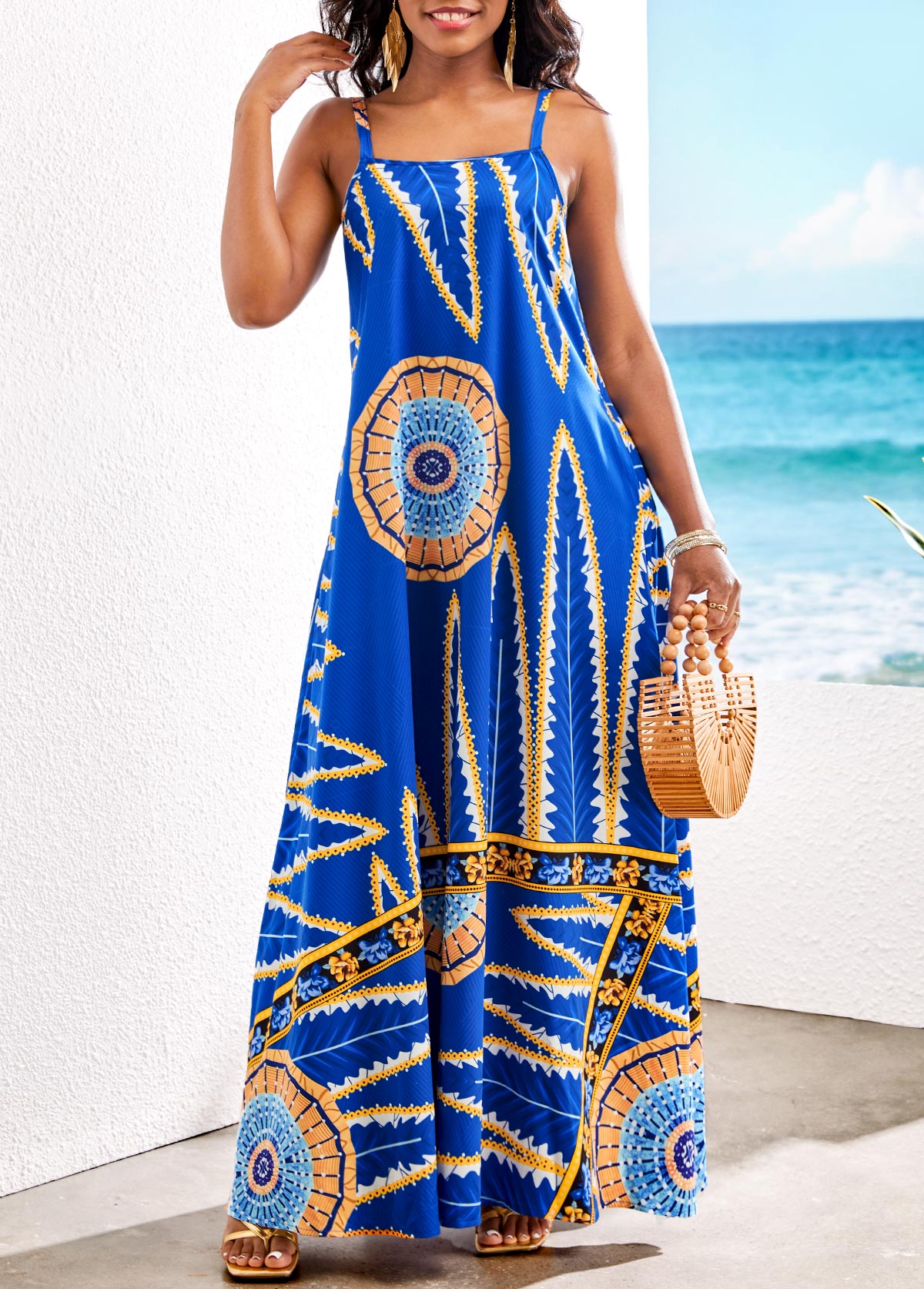 Royal Blue dresses,Plants dresses,ROTITA Pocket Leaf Print Royal Blue Maxi Dress