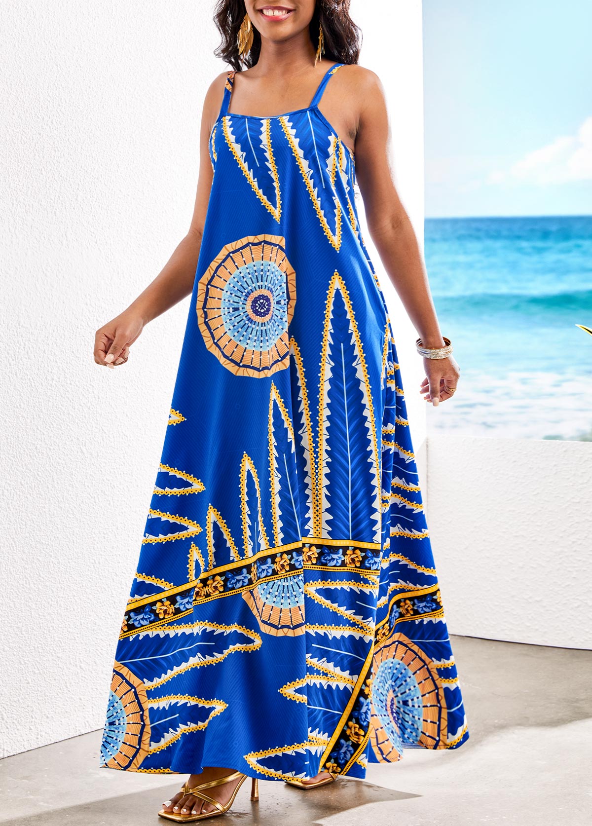 Royal Blue dresses,Plants dresses,ROTITA Pocket Leaf Print Royal Blue Maxi Dress