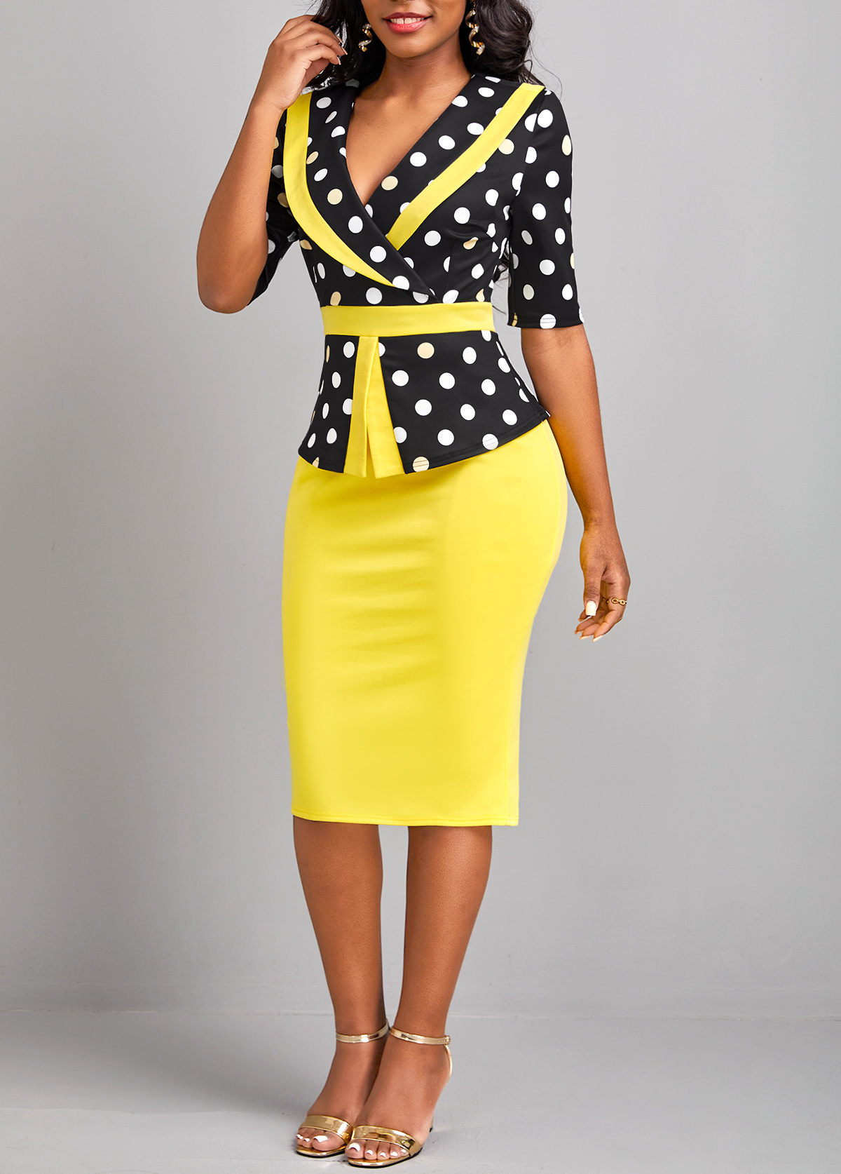 Yellow dresses,Black dresses,Dot dresses,Geometric dresses,ROTITA Patchwork Polka Dot Yellow V Neck Bodycon Dress