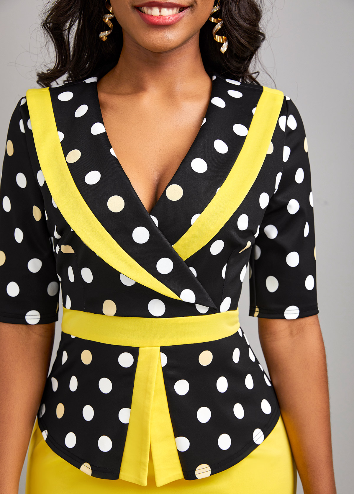 Yellow dresses,Black dresses,Dot dresses,Geometric dresses,ROTITA Patchwork Polka Dot Yellow V Neck Bodycon Dress