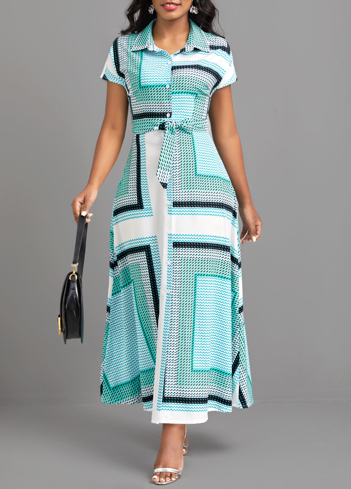 Cyan dresses,Geometric dresses,ROTITA Button Geometric Print Cyan Belted Maxi Dress