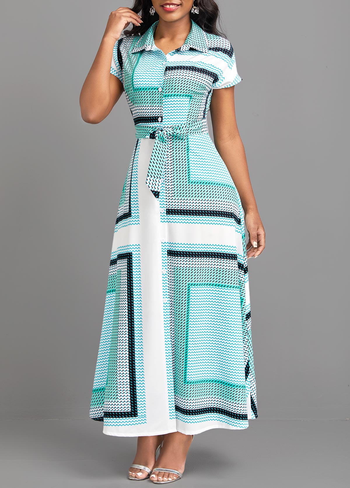 Cyan dresses,Geometric dresses,ROTITA Button Geometric Print Cyan Belted Maxi Dress
