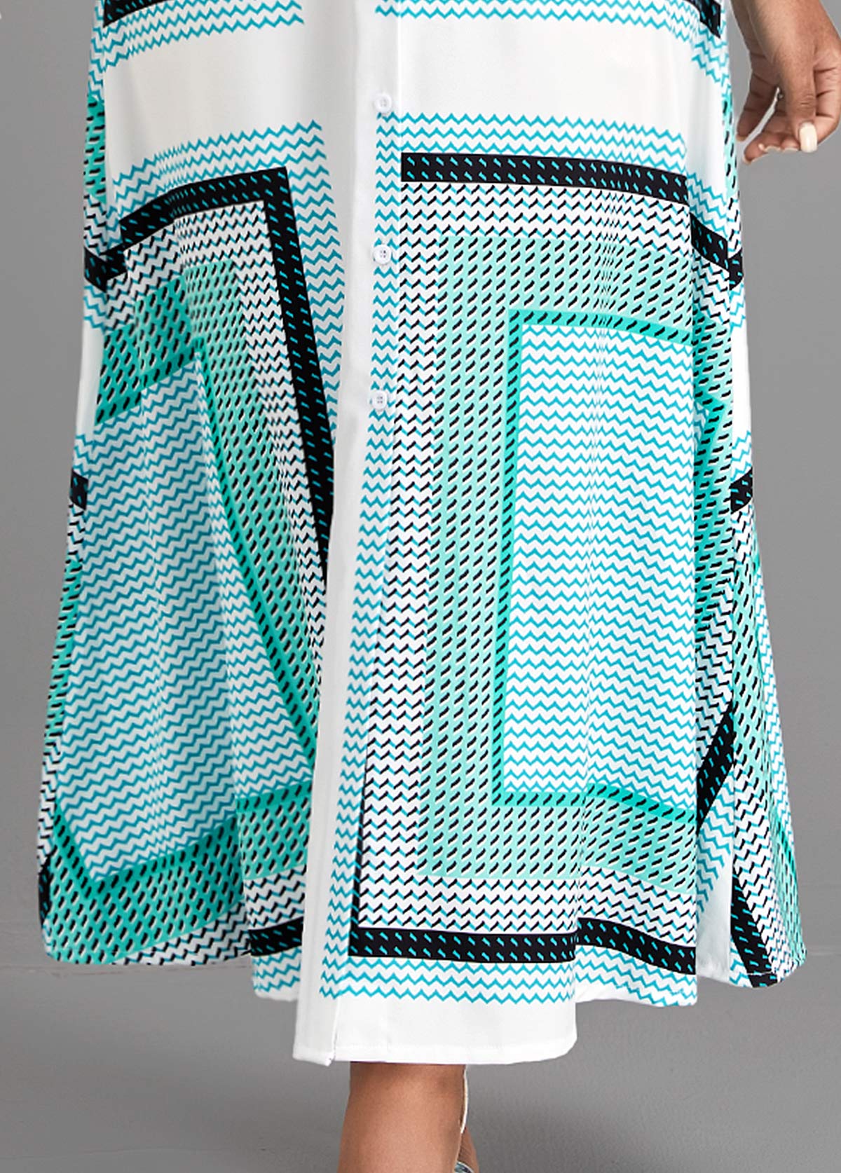 Cyan dresses,Geometric dresses,ROTITA Button Geometric Print Cyan Belted Maxi Dress