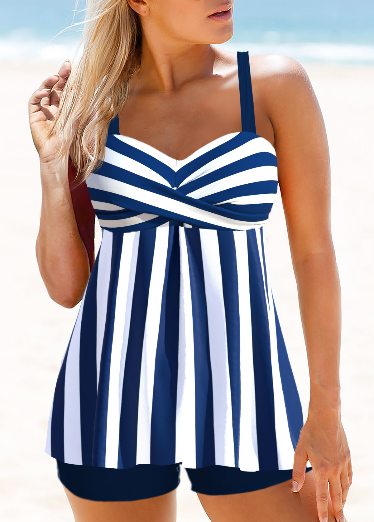 Navy swimwear,Striped swimwear,Geometric swimwear,ROTITA Criss Cross Navy Striped Tankini Top