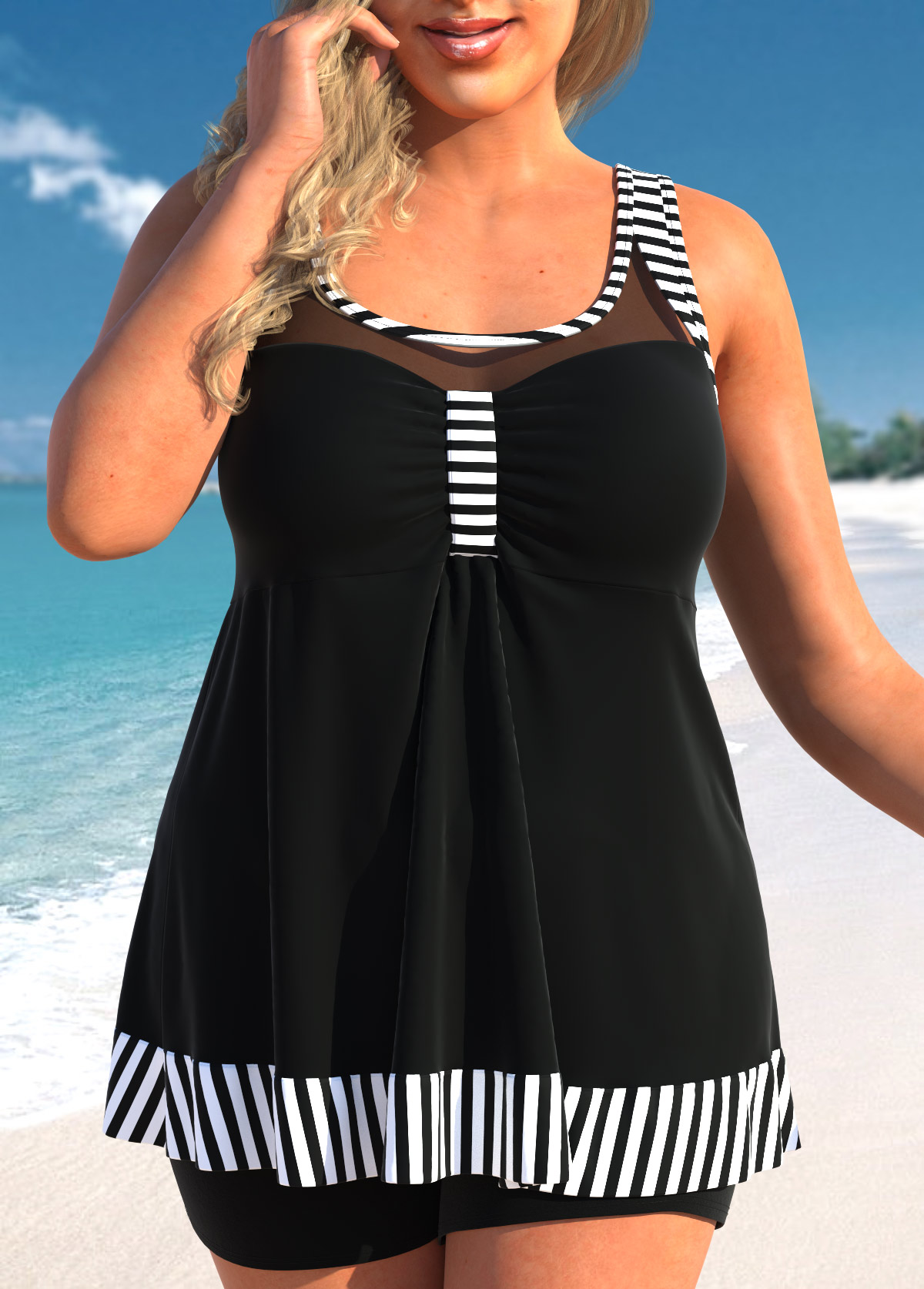 ROTITA Plus Size Mesh Striped Black Tankini Top-No Bottom