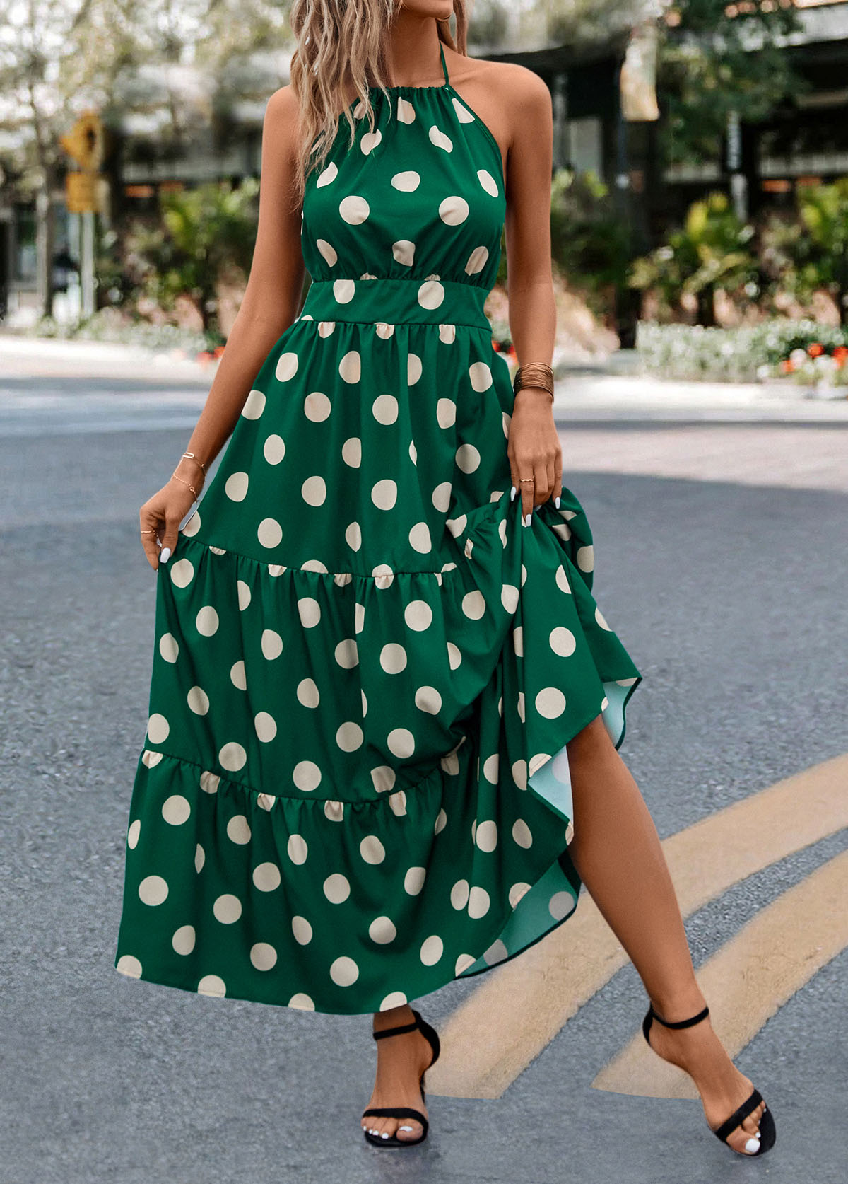 Tie Polka Dot Green Halter Strappy Maxi Dress