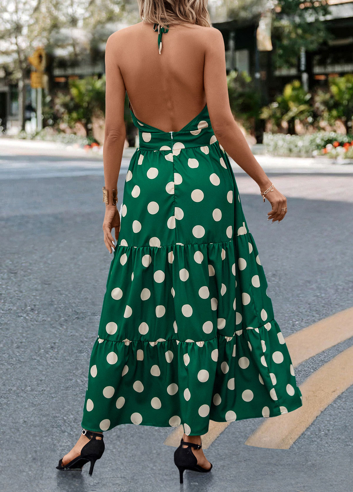 Green dresses,Dot dresses,Tie Polka Dot Green Halter Strappy Maxi Dress